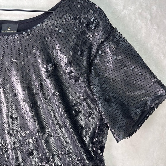 WORTHINGTON Black & Silver Sparkle Sequin Short Sleeve Festive Disco Blouse Sz L - Picture 8 of 16